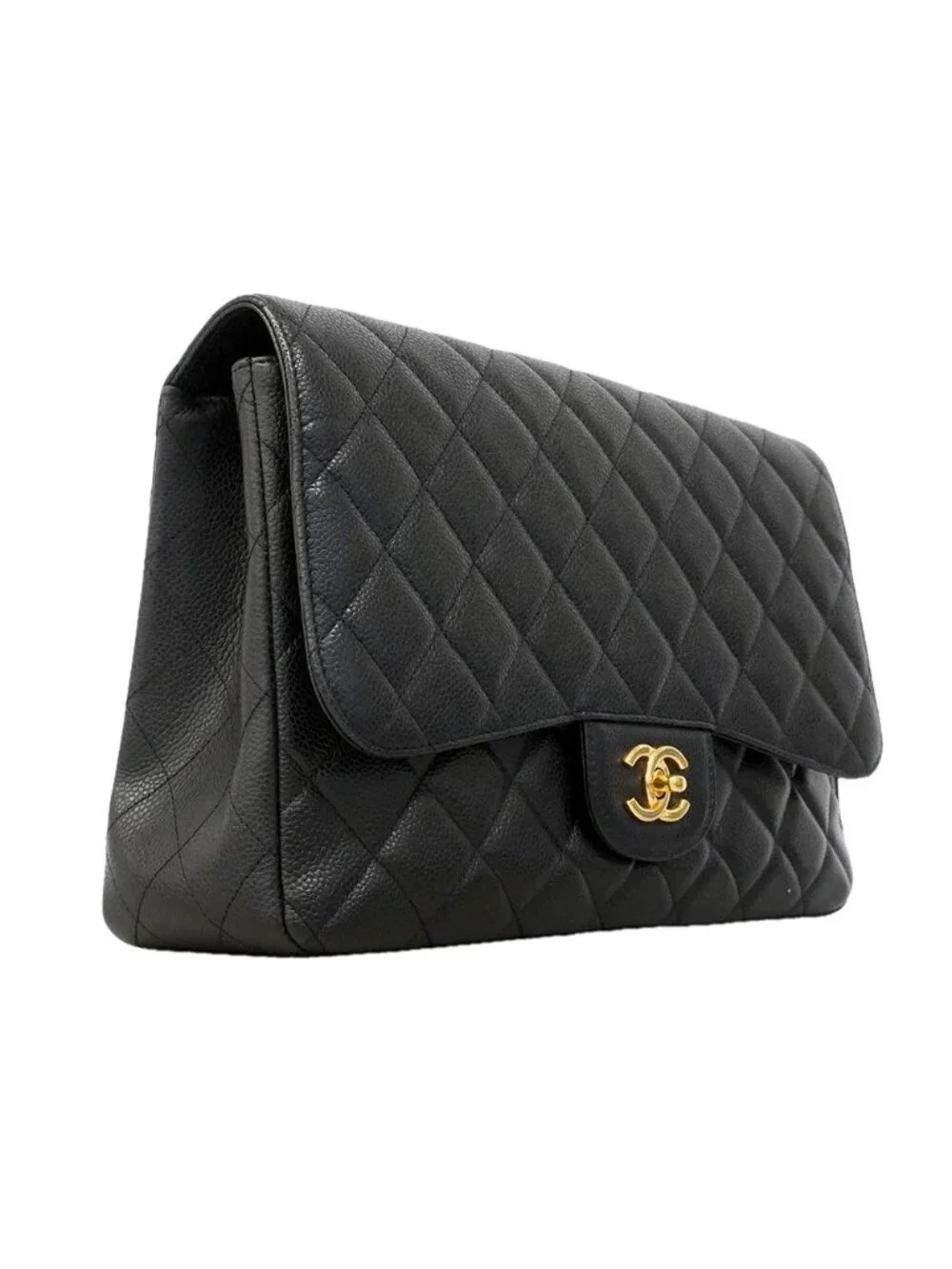 Chanel Shoulder Bag Maxi Quilted Caviar Leather Black Gold